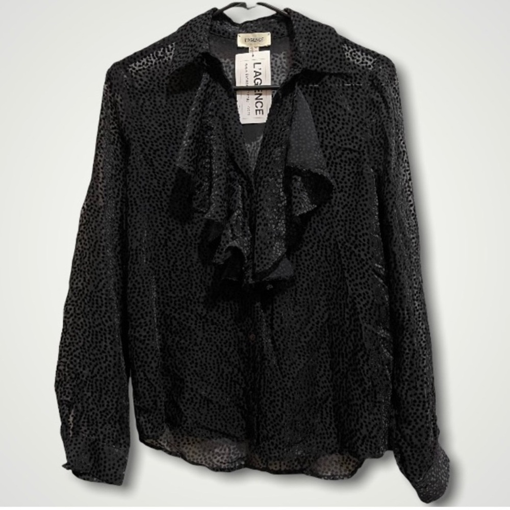 L’AGENCE NWT Sheer Black Button Down Ruffle Polka Dot Top Size XS